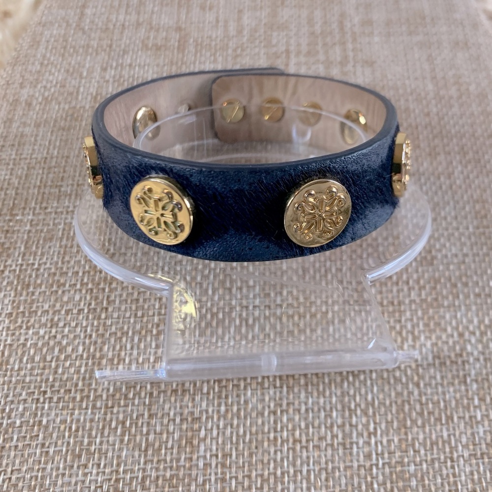 Rustic Cuff Blue Leather Pony Hair Gold Medallion Adjustable Bracelet - Picture 3 of 4